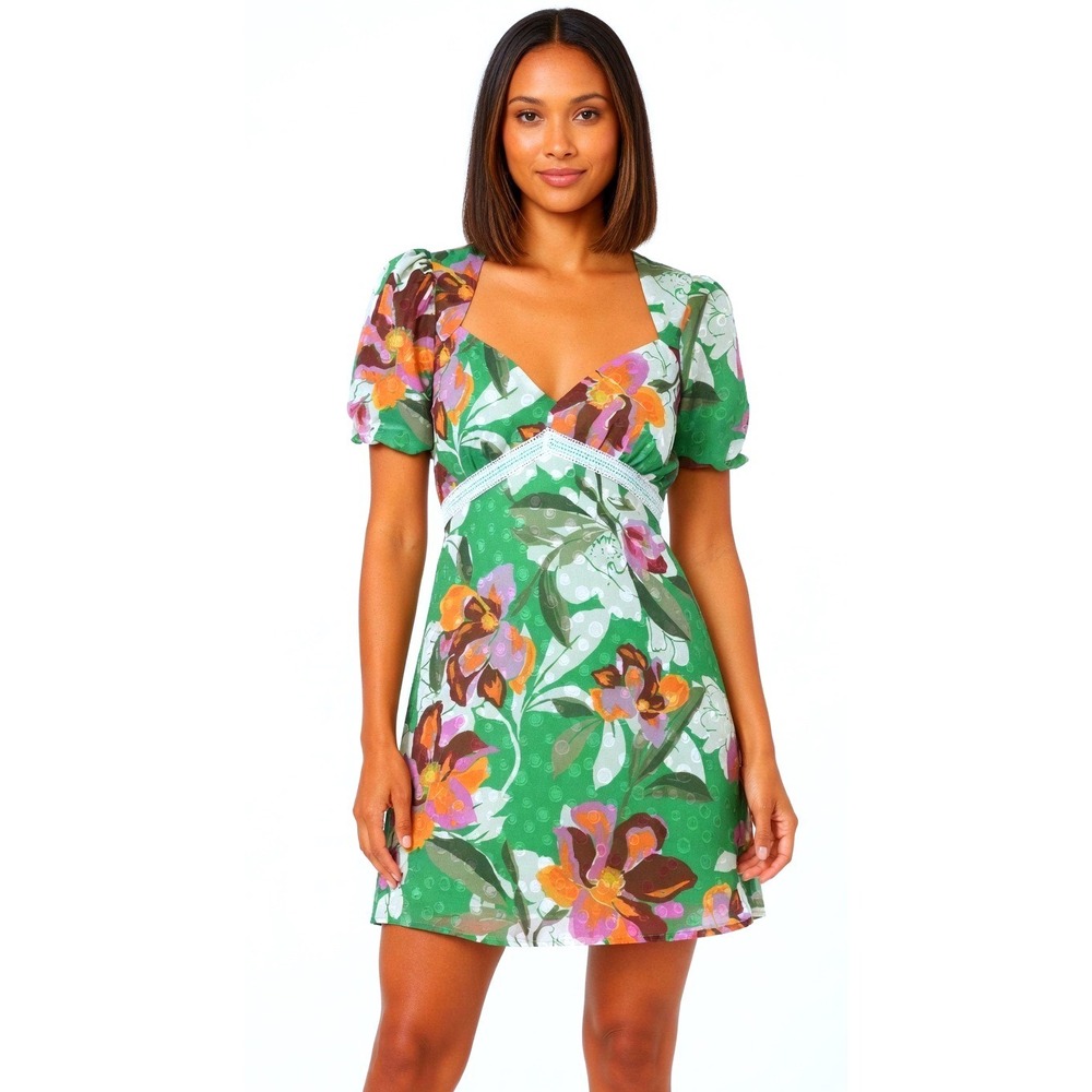 Adelyn Rae Vanessa Jacquard Floral Mini Dress Green Puff Sleeve Sweetheart Sz M